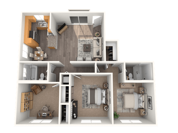 Floor Plan  A 3D floor plan of a house with multiple rooms and furniture.