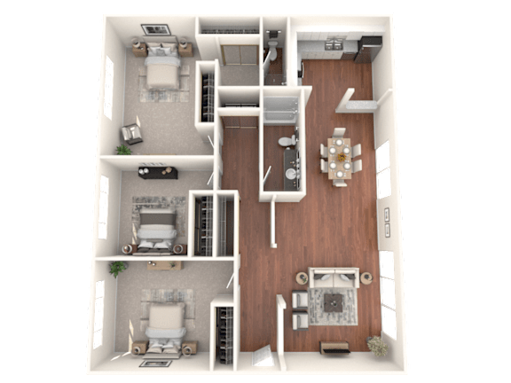 A 3D floor plan of a small apartment with two bedrooms and a living area.