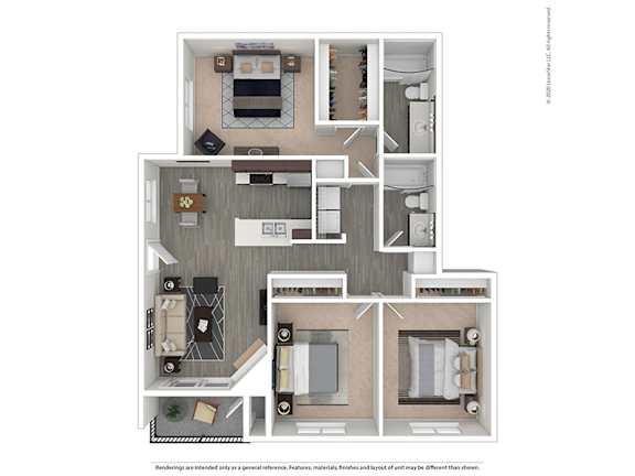 A floor plan of a house with a kitchen, living room, and two bedrooms.