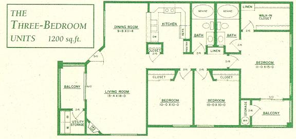 A floor plan of a three-bedroom unit sized at 1200 sq.ft.