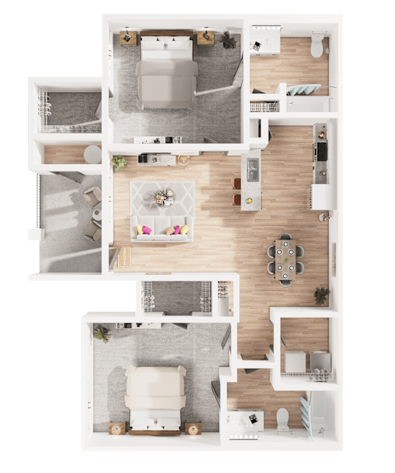 A top-down view of a house layout with a kitchen, living room, and bathroom.