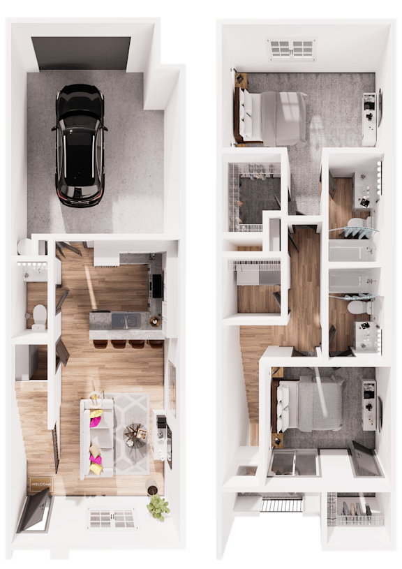 A top-down view of a car and a split-level floor plan of a house.