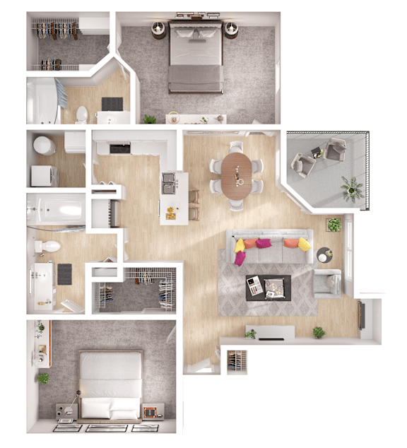 A floor plan of a house with a kitchen, living room, and bedrooms.