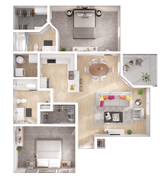 A floor plan of a house with a living room, kitchen, and two bedrooms.