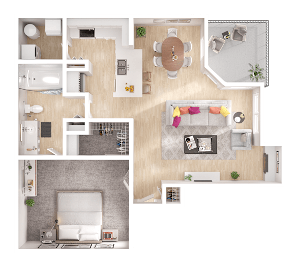 A top-down view of a small apartment with a bedroom, living room, and kitchen.