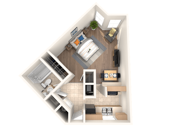 A top-down view of a small apartment with a kitchen, living room, and bathroom.