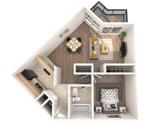 A top-down view of a house layout with a kitchen, living room, and bathroom.