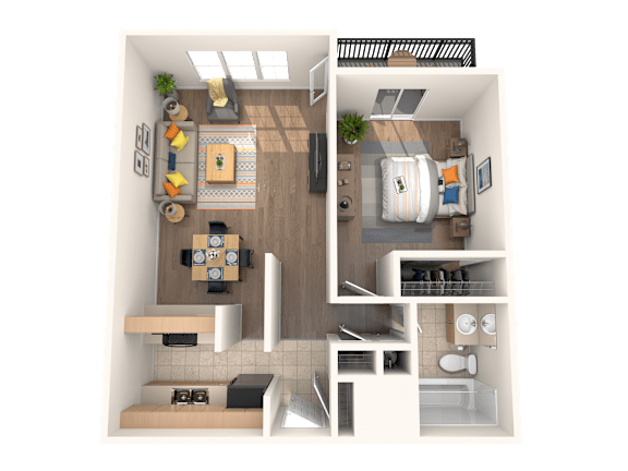 A top-down view of a small apartment with a living room, kitchen, and bathroom.