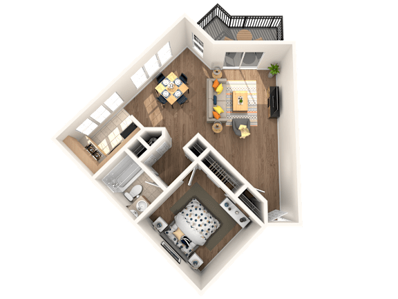 A top-down view of a house layout with a kitchen, living room, and bathroom.