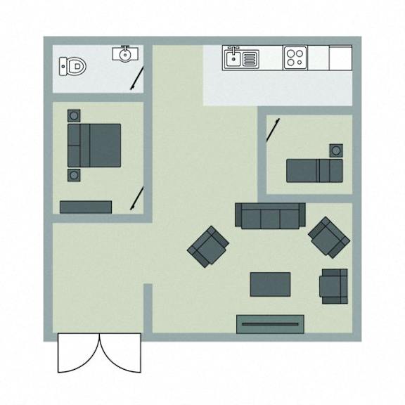 A floor plan of a room with furniture and appliances.