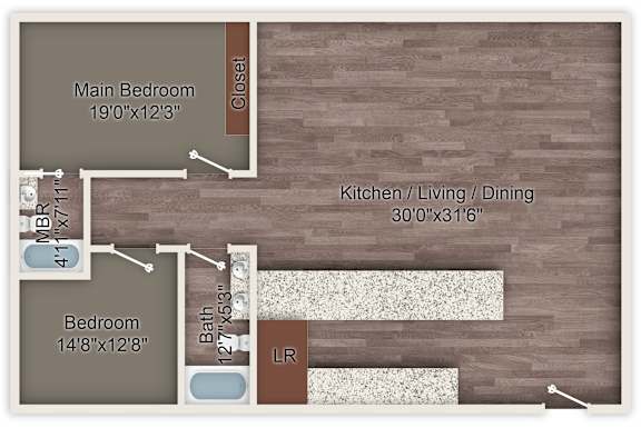 A floor plan of a house showing the layout of the bedrooms and kitchen.