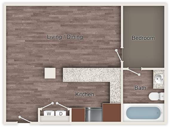 A floor plan of a small apartment with a kitchen, bathroom, and bedroom.