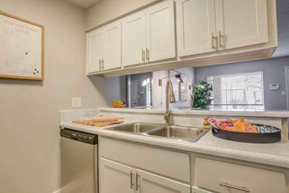 A kitchen with white cabinets and a stainless steel dishwasher.