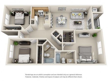 A 3D floor plan of a house with a kitchen, living room, and bedrooms.
