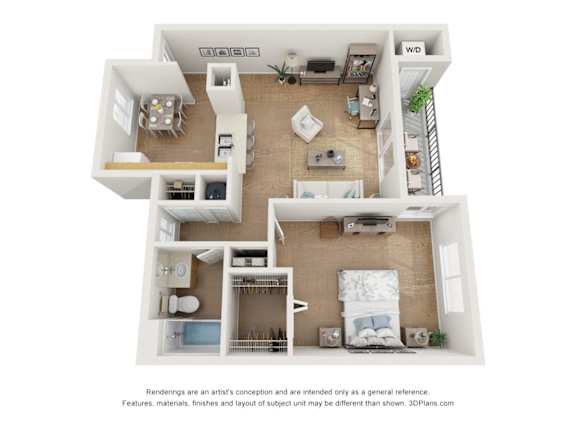 A 3D floor plan of a house with a living room, dining room, kitchen, and two bedrooms.