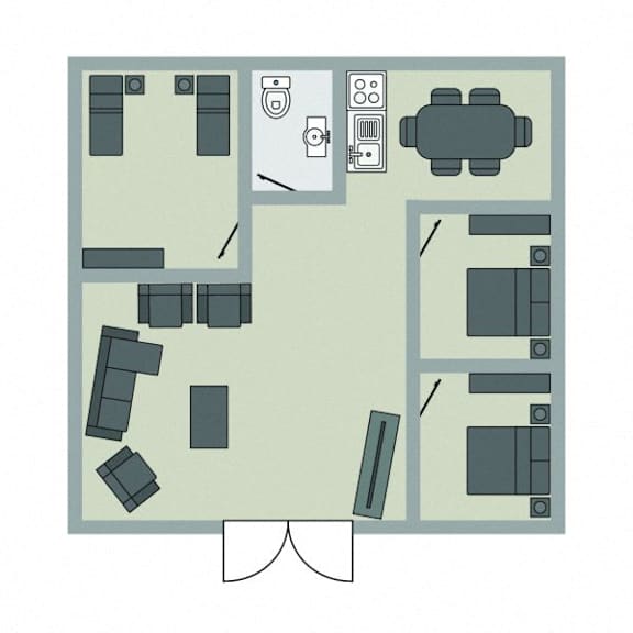 A floor plan of a room with furniture and appliances.