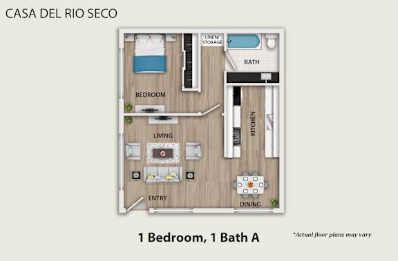 A floor plan of a one bedroom apartment with a bathroom and a kitchen.