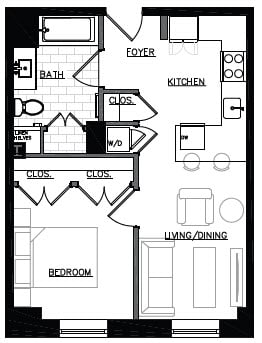 a floor plan of a small house with a kitchen and a living room