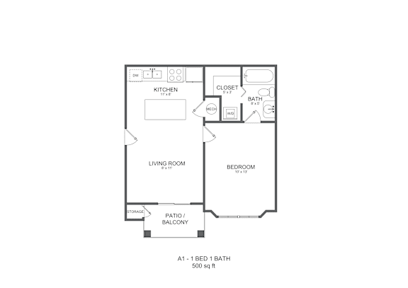 A drawing of a floor plan of a one bedroom apartment.