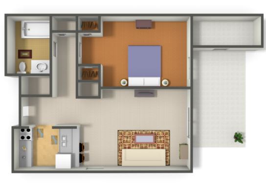 A 3D rendered image of a house layout.