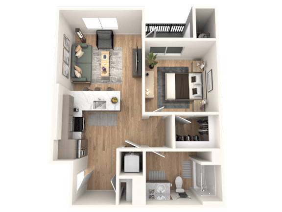 A 3D floor plan of a small apartment with a kitchen, living room, and bedroom.