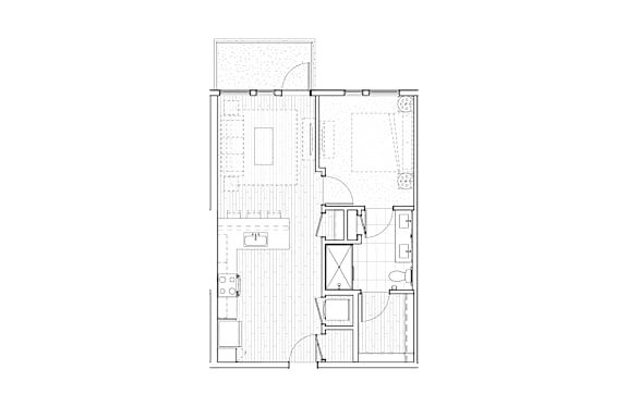 A black and white floor plan of a house with a kitchen, living room, and two bedrooms.