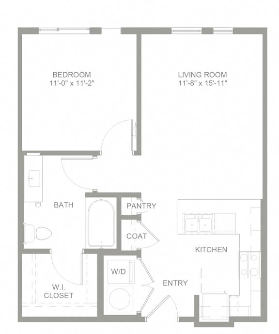 A floor plan of a small apartment with a bedroom, living room, kitchen, and bathroom.