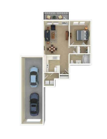 One-bedroom apartment floor plan at Idlewild 45 Apartments in Midtown Memphis TN featuring an open living area, full kitchen, and spacious bedroom