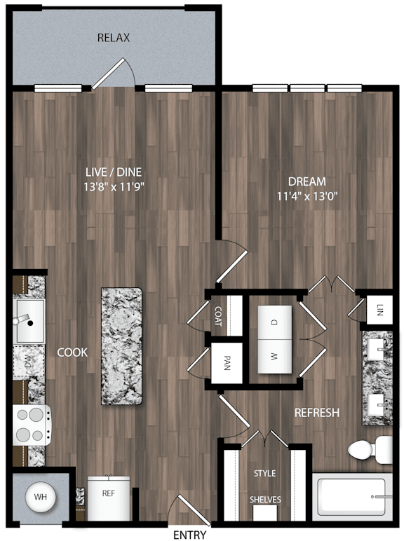 A floor plan of a house with a living room, dining room, kitchen, and bathroom.