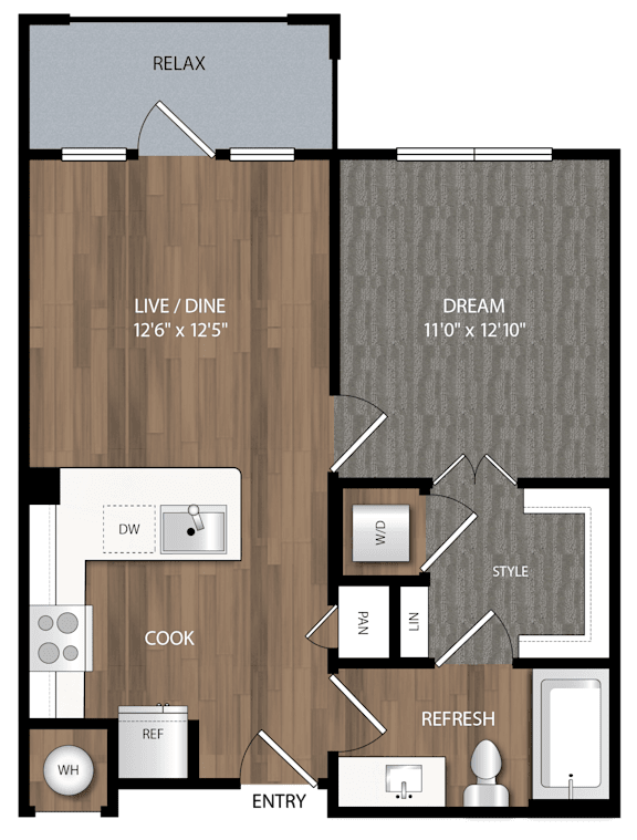 A diagram of a house layout with labeled rooms such as RELAX, LIVE/DINE, and COOK.