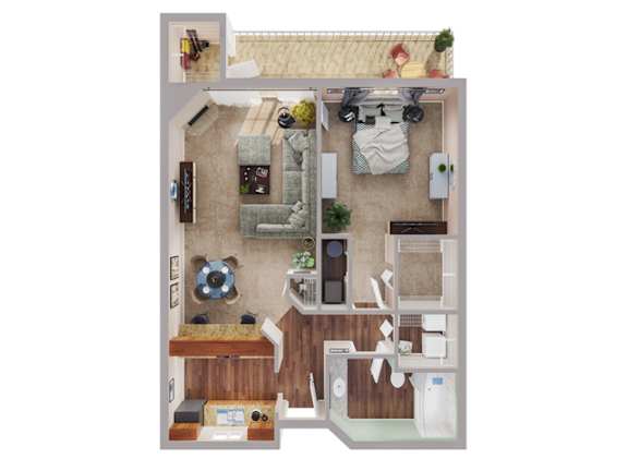 A 3D floor plan of a small apartment with a kitchen, living room, and bathroom.