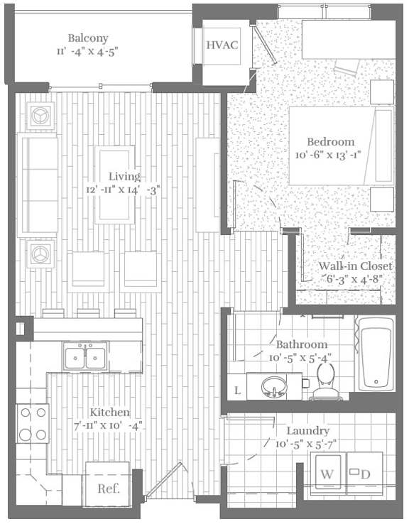 A floor plan of a house with a balcony, living room, kitchen, bathroom, bedroom, and laundry area.