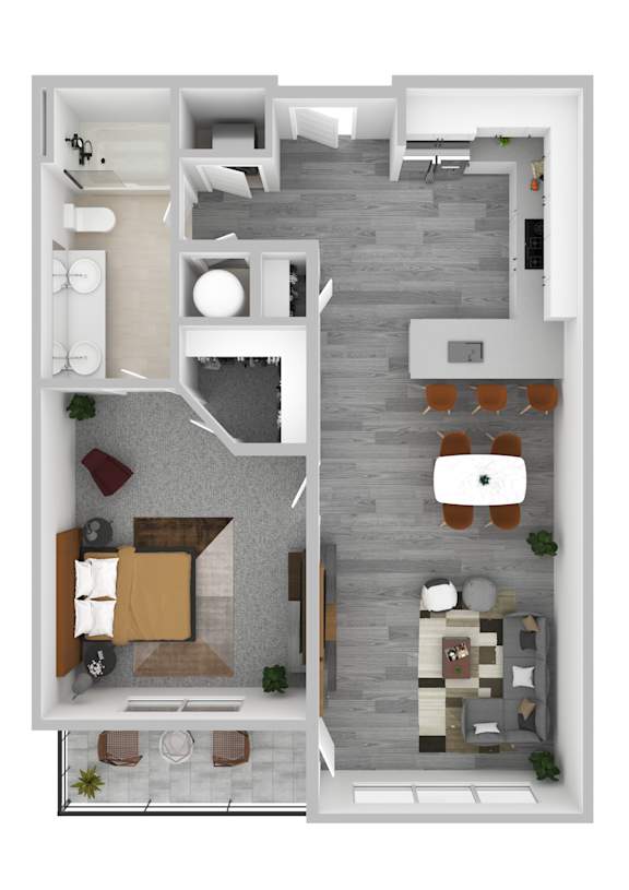 A 3D floor plan of a modern apartment with a living room, kitchen, and bedroom.