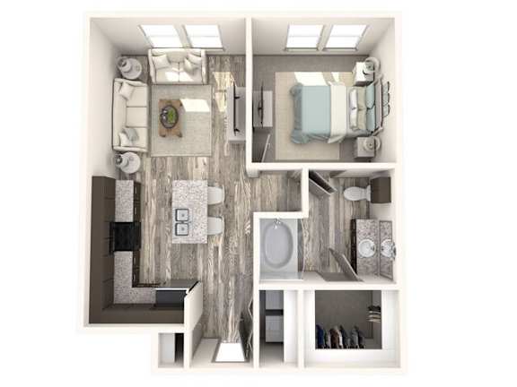 Floor Plan  A 3D floor plan of a small apartment with a kitchen, living room, and bathroom.