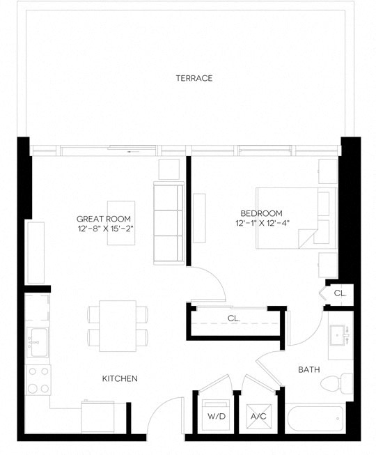 1 Bed 1 Bath 670 square feet floor plan A1-A