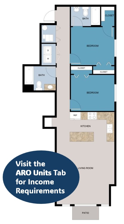 A floor plan of an apartment with a living room, kitchen, and bathrooms.