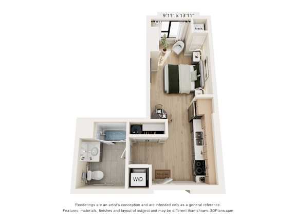 A floor plan of a small apartment with a kitchen, bathroom, and living room.