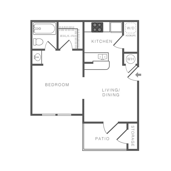 A floor plan of a small apartment with a bedroom, kitchen, living/dining area, and patio.