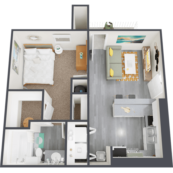 Floor Plan  A top-down view of a room with a bed, couch, and kitchen area.