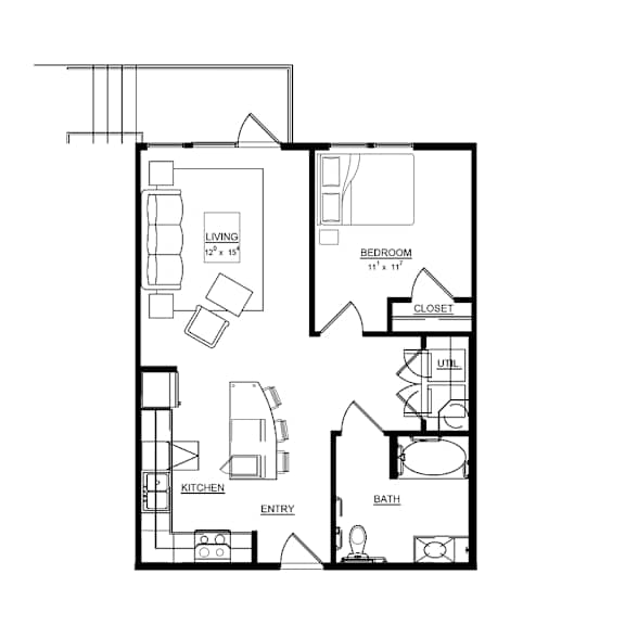 A black and white floor plan of a house with a living room, bedroom, bathroom, kitchen, and entry.