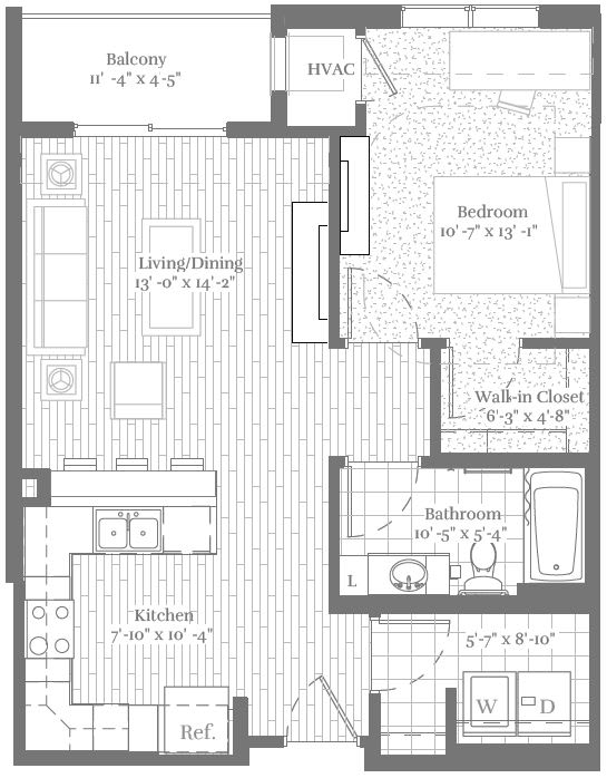 A floor plan of a house with a balcony, living room, dining room, kitchen, bathroom, and bedroom.