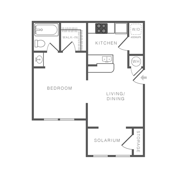 A floor plan of a small apartment with a bedroom, kitchen, living/dining area, and a storage area.