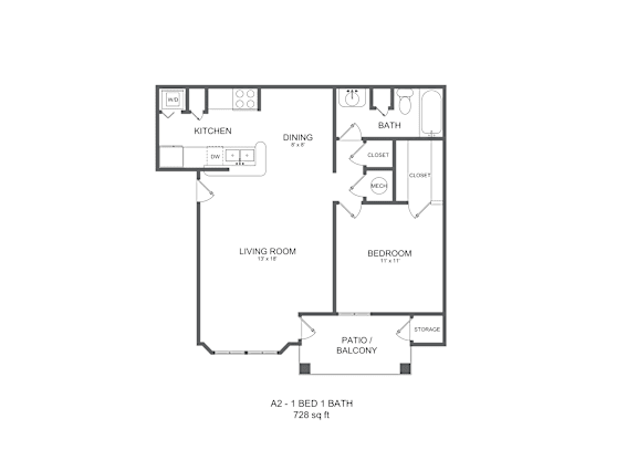 A floor plan of a one bedroom apartment with a living room, dining room, kitchen and bath.