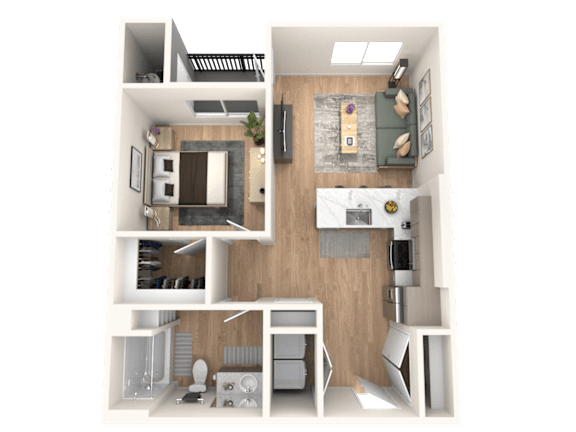 A 3D rendered image of a small apartment layout.