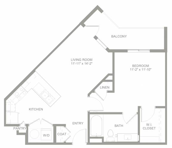 A floor plan of a house with a living room, bedroom, kitchen, pantry, bathroom, linen closet, and entry.