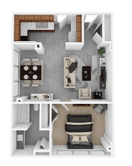 One-bedroom one-bath apartment floor plan at Idlewild 45 in Memphis TN with modern kitchen, dining space, and ample closet storage