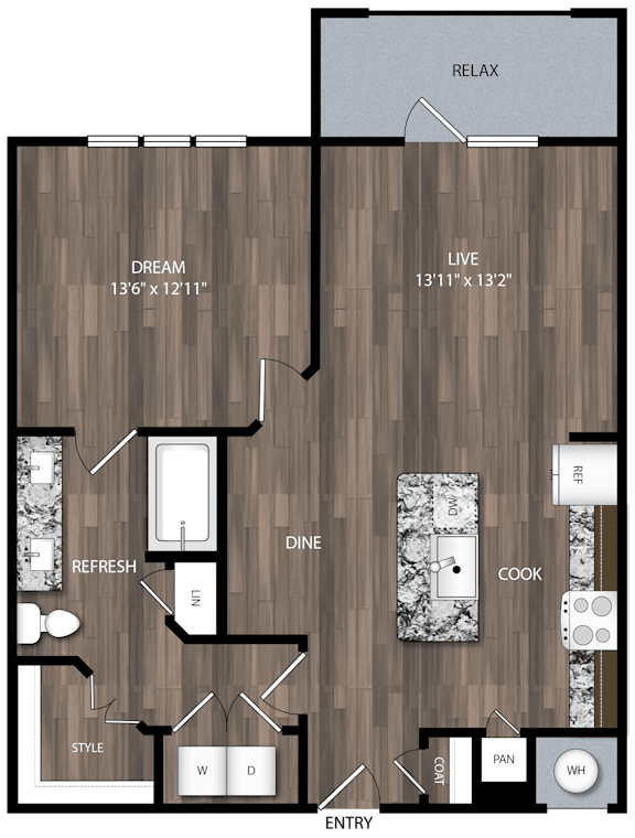 A floor plan of a house with a living room, dining room, kitchen, and bathrooms.