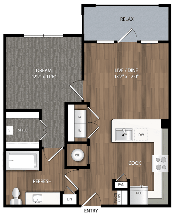 A floor plan of a house with a living room, dining room, kitchen, and bathroom.
