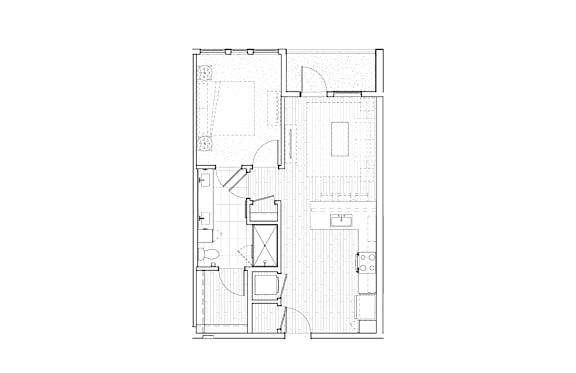 A floor plan of a house with a kitchen, living room, and two bedrooms.