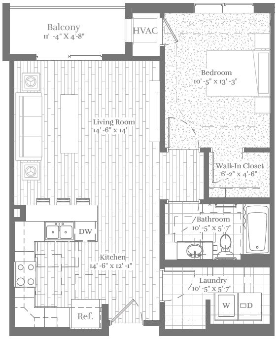 A floor plan of a home with a balcony, living room, kitchen, bathroom, and laundry area.